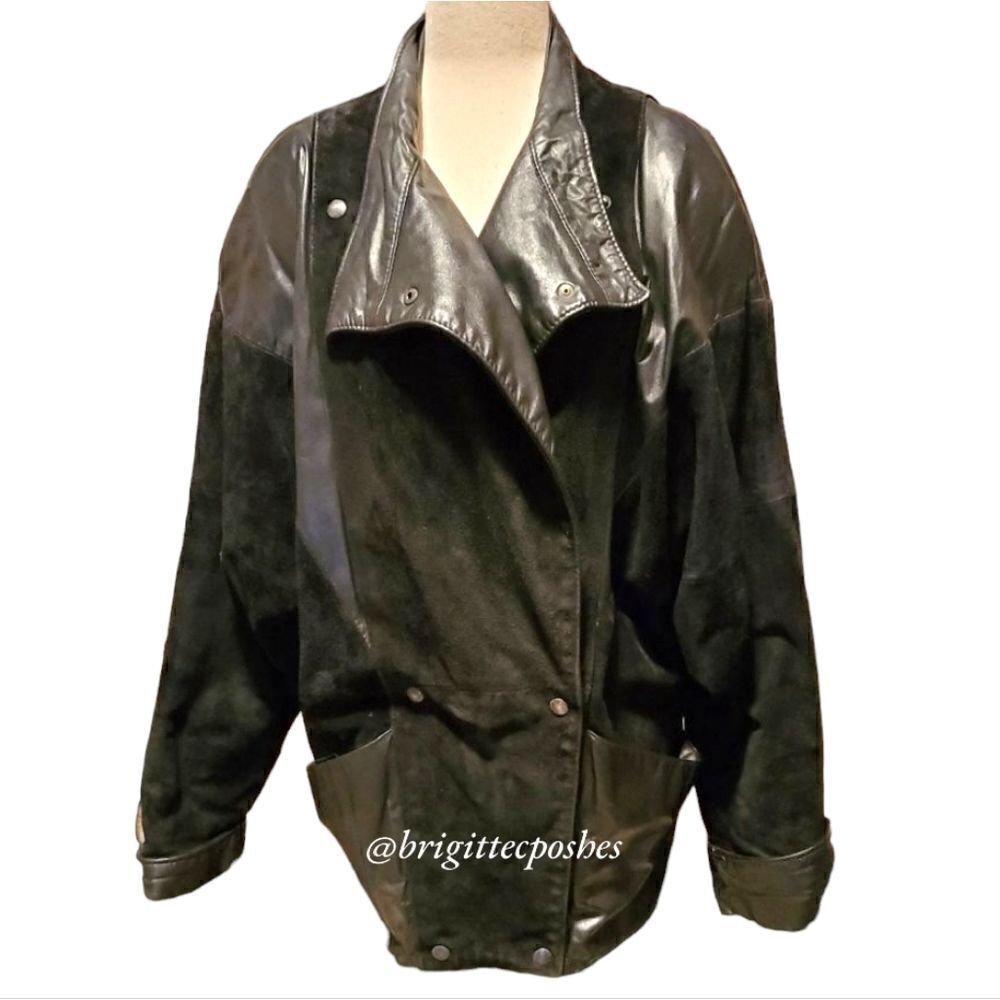 Vintage Comint Black Snap Suede Leather Coat Jacket Size Small